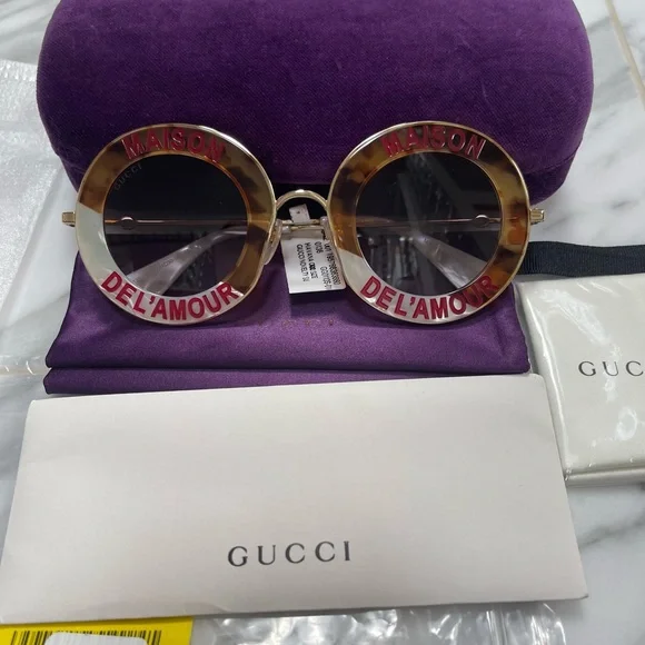 GUCCI UNSEX “ HOUSE OF LOVE HAVANA & PEARL LINE DETAILING ROUND SUNGLASSES